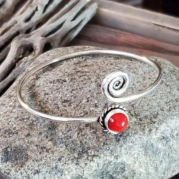 Handcrafted Red Coral Swirl Gemstone Sterling Silver Overlay Artisan Cuff Bracel - Picture 1 of 7